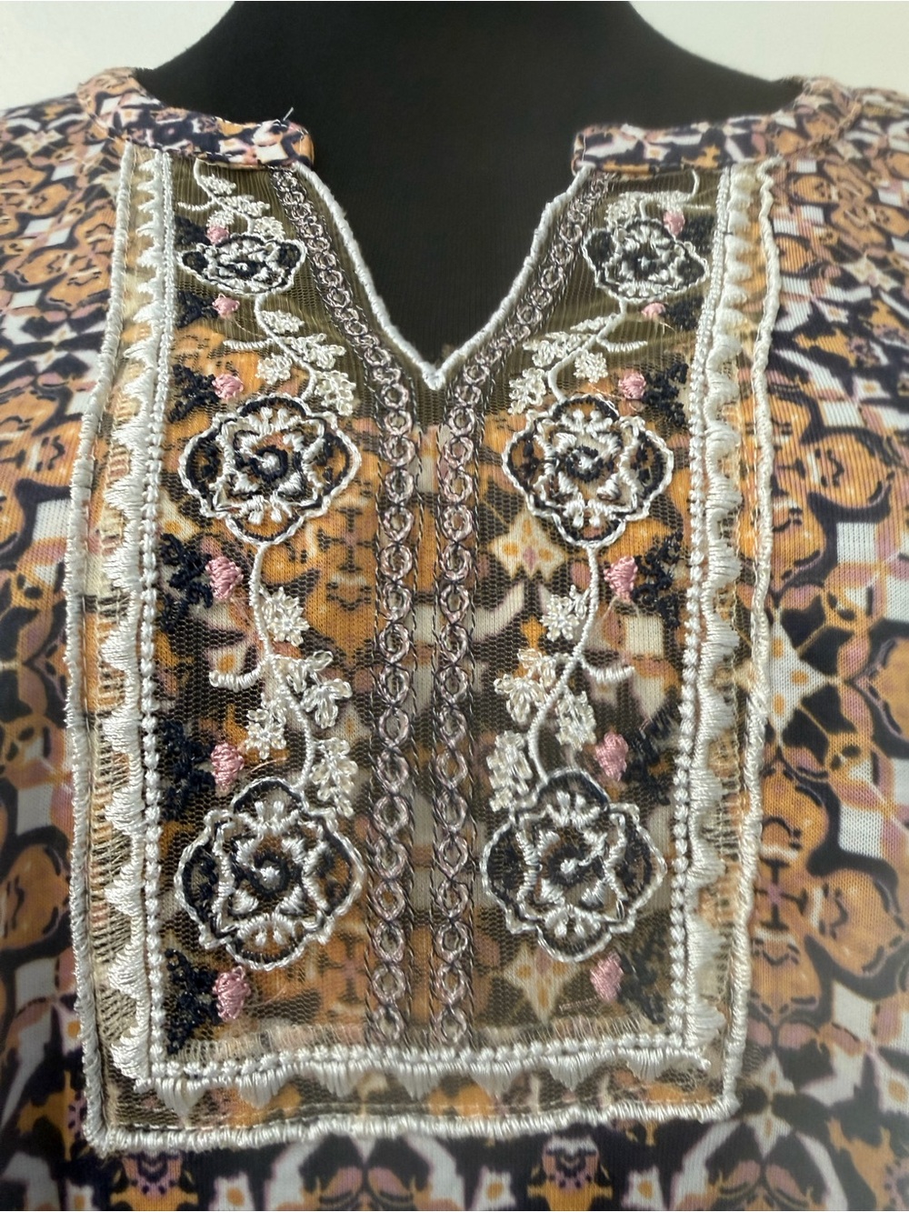 Always Fabulous Boho Tunic Top - Pink, Navy & Brown Elastic Long Sleeve Size XL - Picture 5 of 14